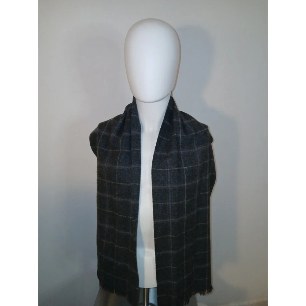L.L. Bean 100% Lambswool Plaid Rectangle Scarf Fringe Multicolor Gray Blue Tan
